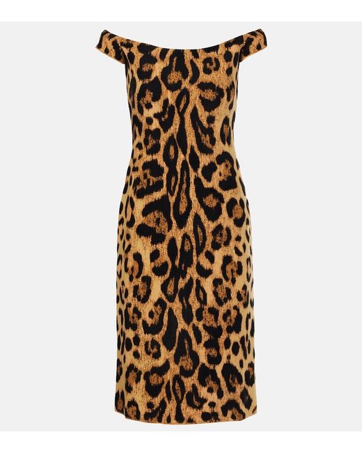 Oscar de la Renta Metallic Leopard-Print Off-Shoulder Midi Dress