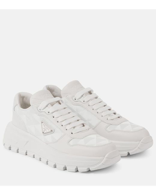 Prada White Prax One Leather-Trimmed Sneakers