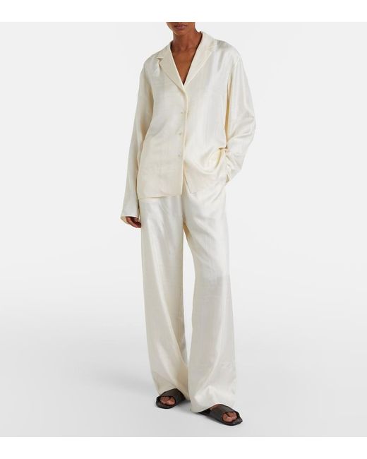 Totême White Embroidered Silk Satin Pajama Pants