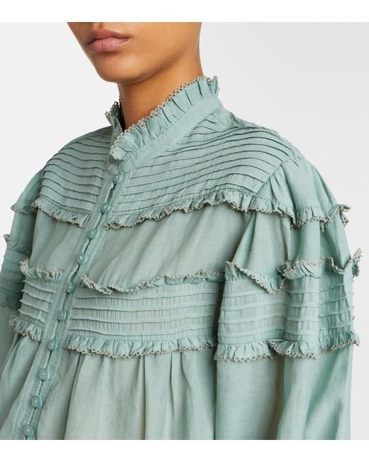 Isabel Marant Green Doana Cotton-Blend Ruffled Blouse