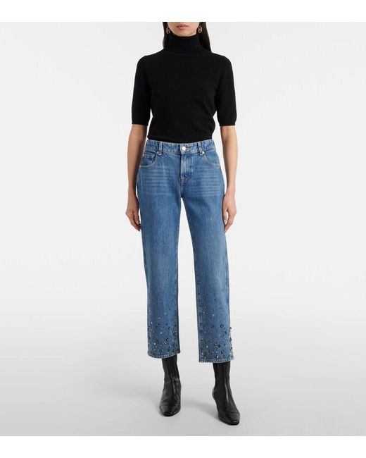 7 For All Mankind Blue Calie Embellished Cropped Straight Jeans