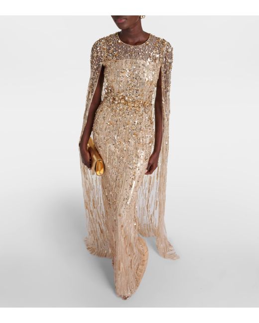 Jenny Packham Natural Caped Sequined Gown