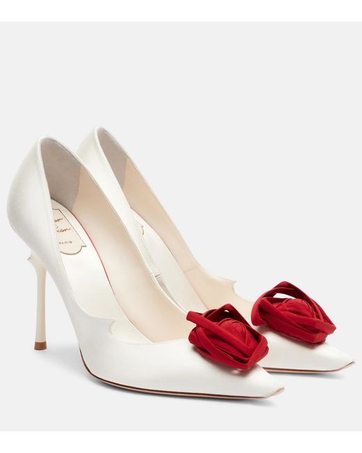 Roger Vivier White Rose Vivier 100 Floral Satin Pumps