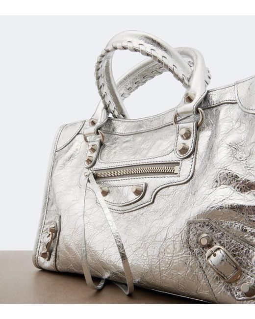 Balenciaga White Le City Small Metallic Leather Top-Handle Bag