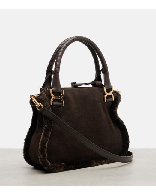 Chloé Black Marcie Small Shearling-Trimmed Suede Tote Bag