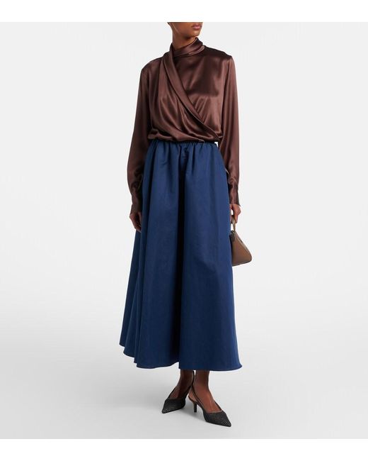 Brunello Cucinelli Brown Draped Silk-Blend Satin Blouse