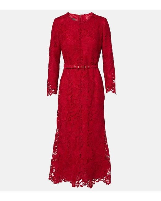 Vestido Midi De Encaje Con Cinturon Monique Lhuillier de color Red