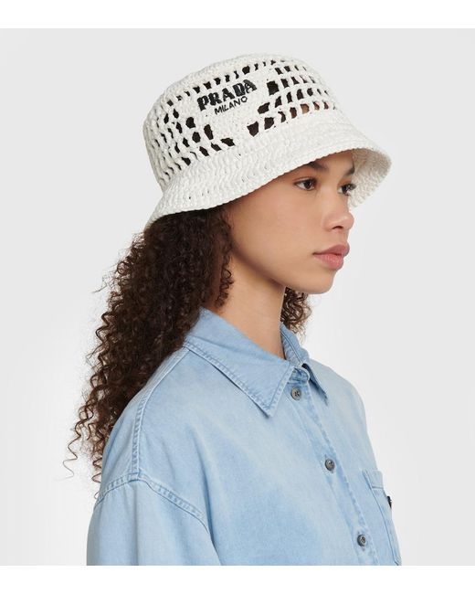 Prada White Raffia Bucket Hat