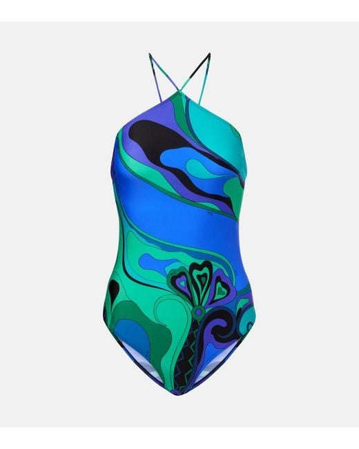 Emilio Pucci Blue Orchidee Print Halterneck Swimsuit