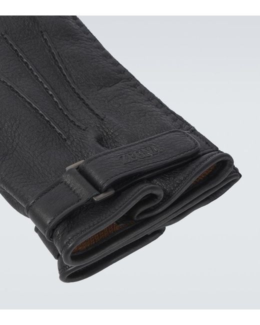 Zegna Black Embossed Leather Gloves for men