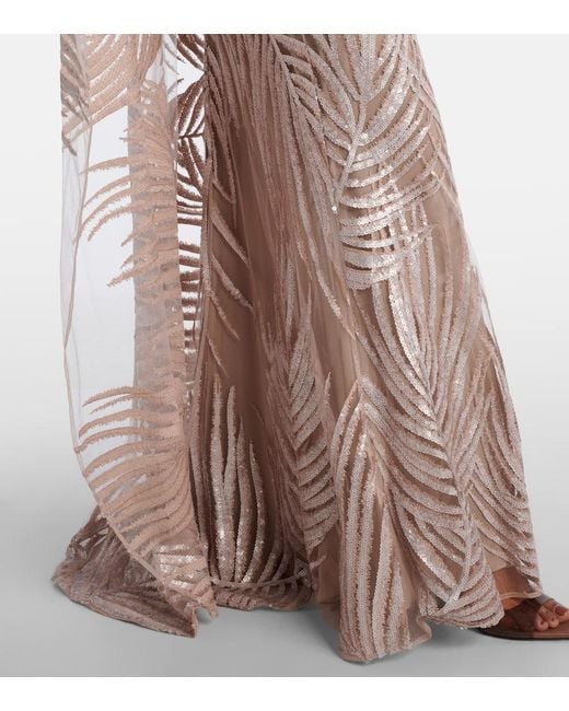 Elie Saab Natural Embroidered Sheer Tulle Gown