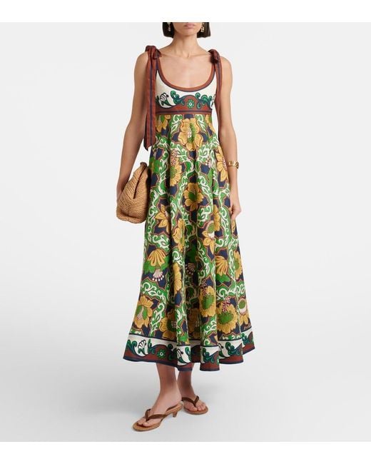 ALÉMAIS Green Liana Ballet Printed Linen Midi Dress