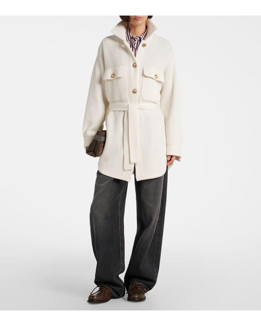 Brunello Cucinelli Natural Belted Wool, Cashmere, And Silk Cardigan