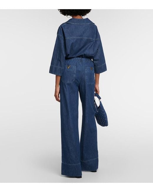 Valentino Blue High-Rise Chambray Wide-Leg Jeans