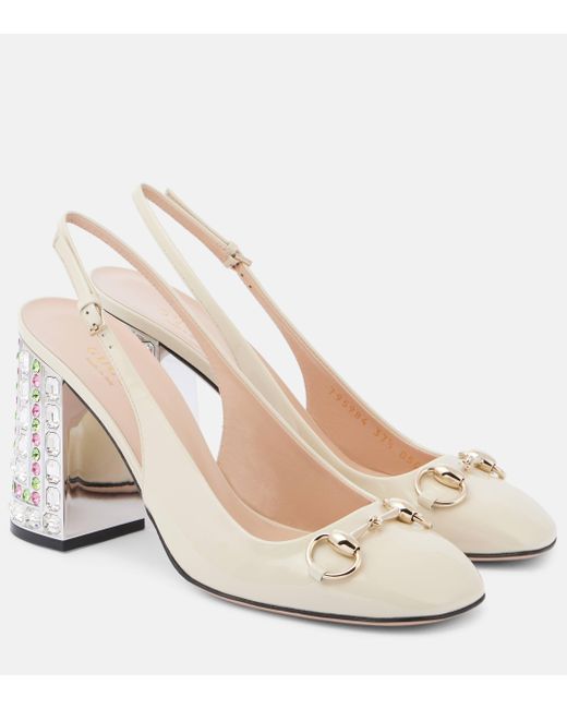 Gucci Natural Horsebit Embellished Patent Leather Slingback Pumps