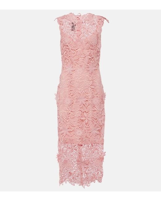 Monique Lhuillier Pink Floral Lace Guipure Midi Dress