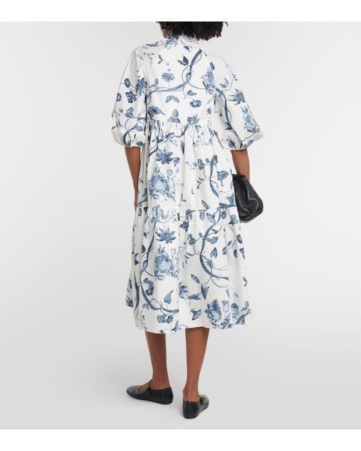Erdem Blue Floral-print Tiered-skirt Cotton Midi Dress