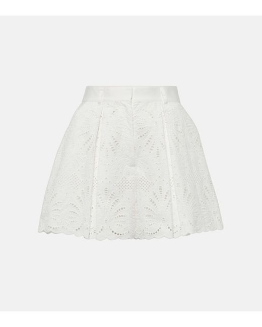 Self-Portrait White High-rise Embroidered Cotton Shorts
