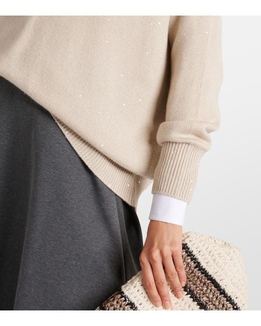 Brunello Cucinelli White Embellished Cashmere And Silk Sweater