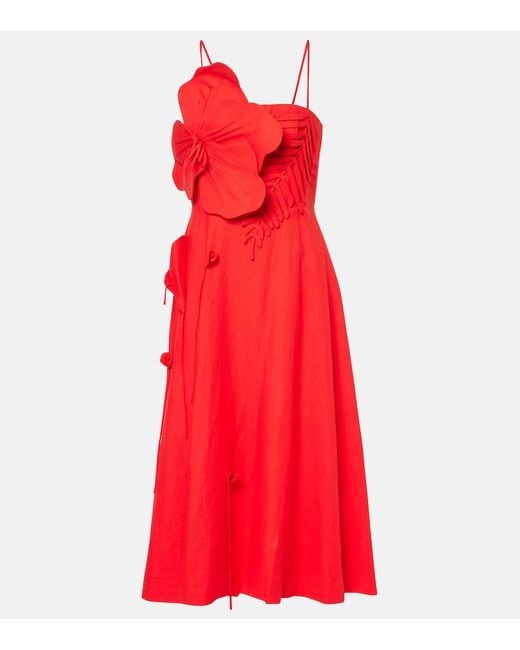 Vestido Midi De Mezcla De Lino Con Aplique Floral Farm Rio de color Red