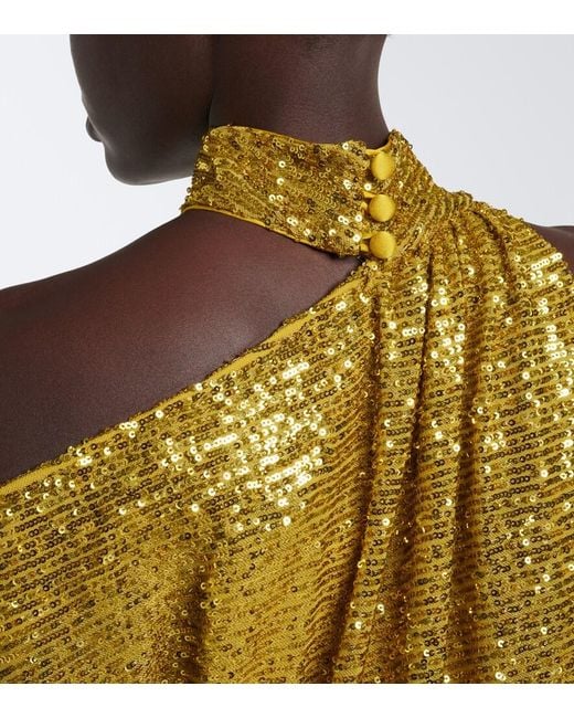 Taller Marmo Yellow Atlas Disco Sequined One-Shoulder Gown