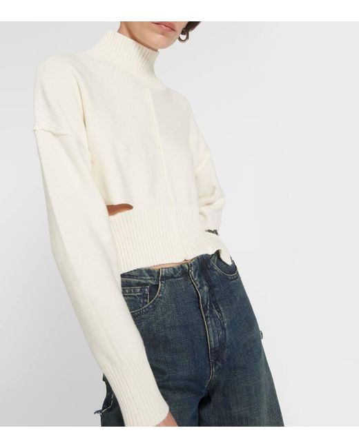 MM6 by Maison Martin Margiela White Distressed Cotton And Wool Sweater