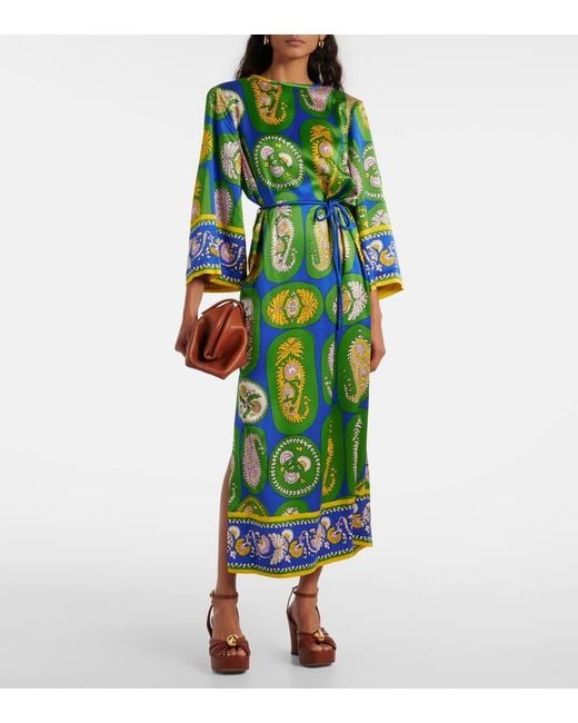 ALÉMAIS Green Printed Silk Satin Maxi Dress