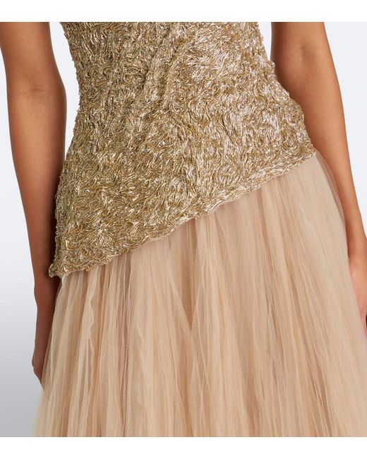 Marmar Halim Natural Embroidered Pleated Tulle Gown