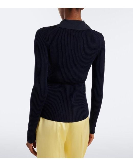 Jil Sander Blue Cutout Ribbed-Knit Wool Polo Sweater
