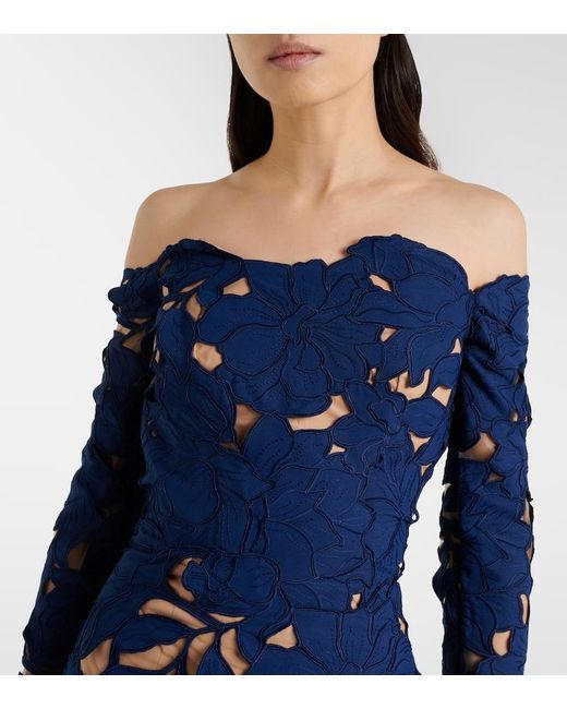 Costarellos Blue Off-Shoulder Guipure Lace Gown