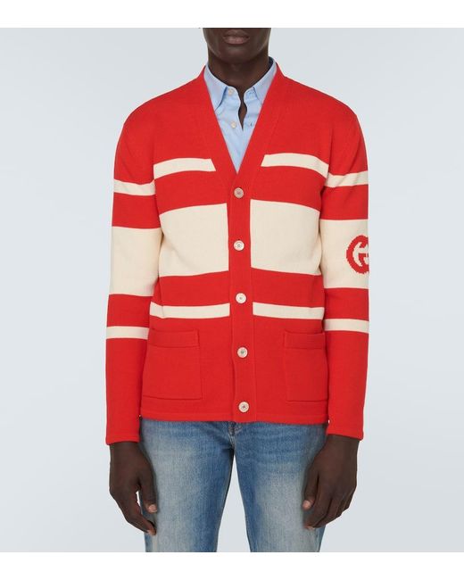 Cardigan In Cotone A Maglia Con Incrocio GG di Gucci in Red da Uomo