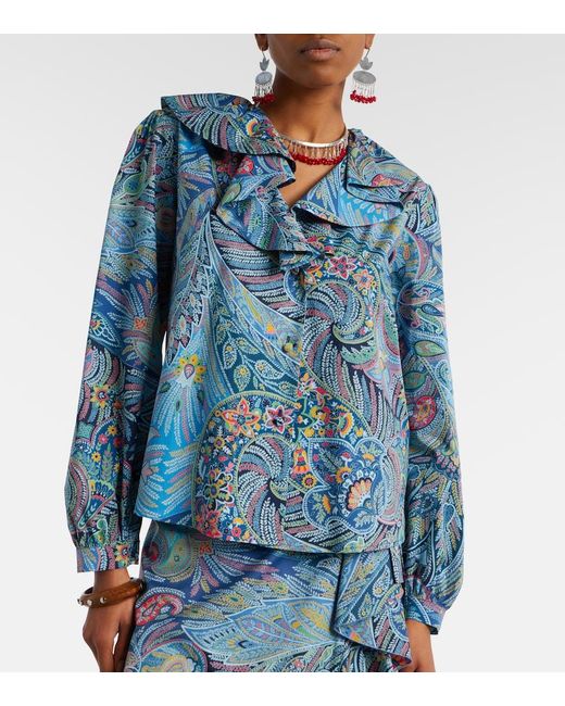 Etro Blue Paisley Ruffled Cotton-Blend Blouse