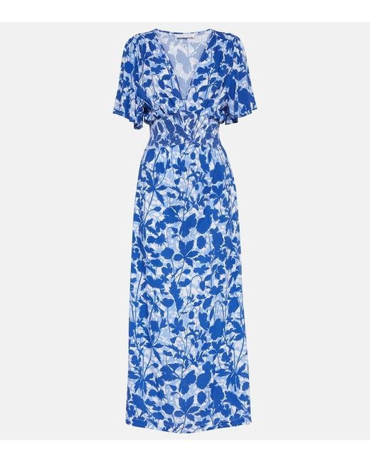 Heidi Klein Blue Tuscany Shirred Floral-print Mousseline Midi Dress