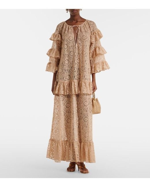 Adriana Degreas Natural Ruffled Lace Maxi Dress