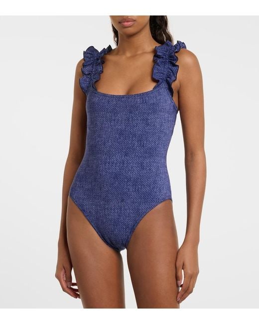 Karla Colletto Blue Nori Ruffled Denim Swimsuit