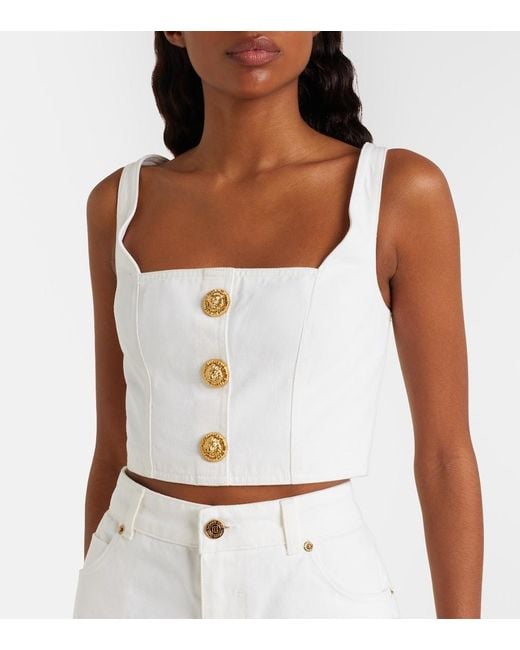 Balmain White Denim Crop Top