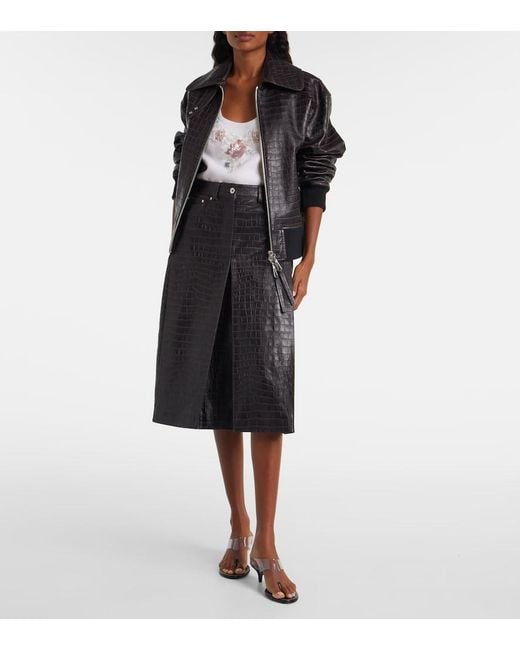 Rabanne Black Pleated Croc-Effect Leather Midi Skirt