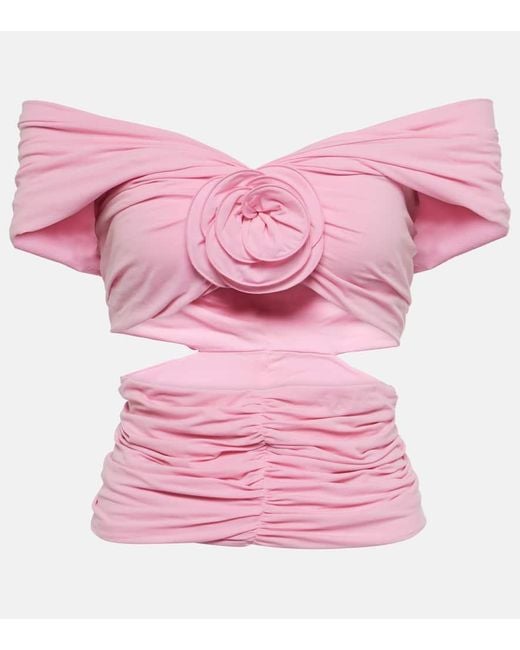 Magda Butrym Pink Floral-applique Ruched Off-shoulder Top