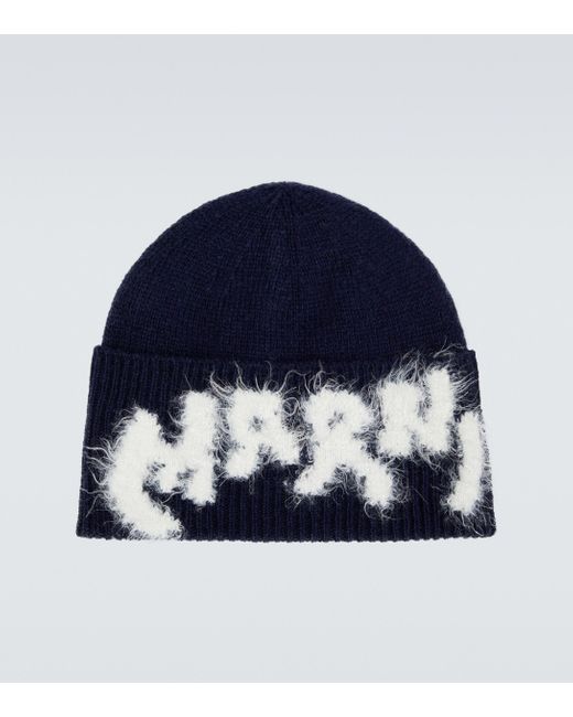 Marni Blue Logo Intarsia Virgin Wool Beanie for men