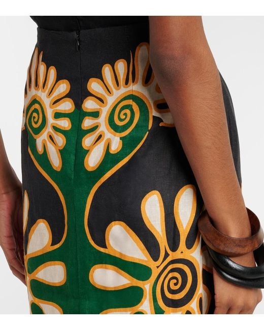 Cala De La Cruz Green Celina Printed Linen Midi Skirt