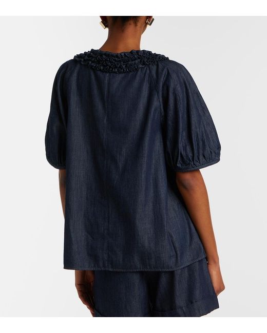 Max Mara Blue Embellished Ruffled Denim Blouse
