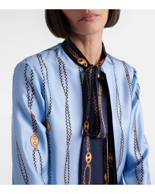 Gucci Blue Printed Tie-Neck Silk Twill Shirt