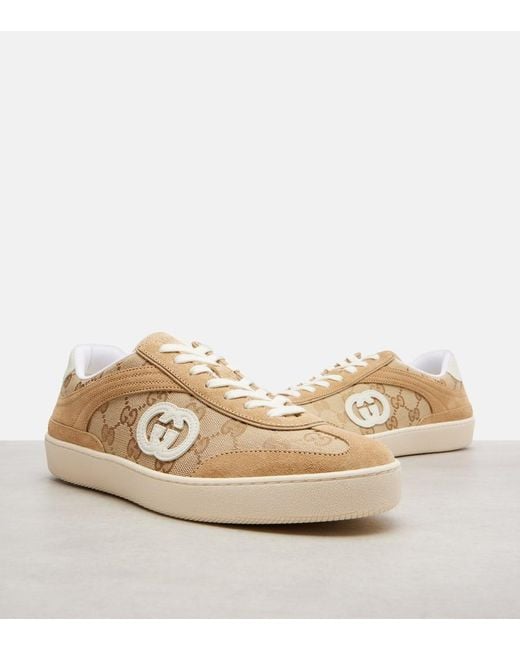 Gucci Natural G75 Gg Canvas Suede-Trimmed Sneakers