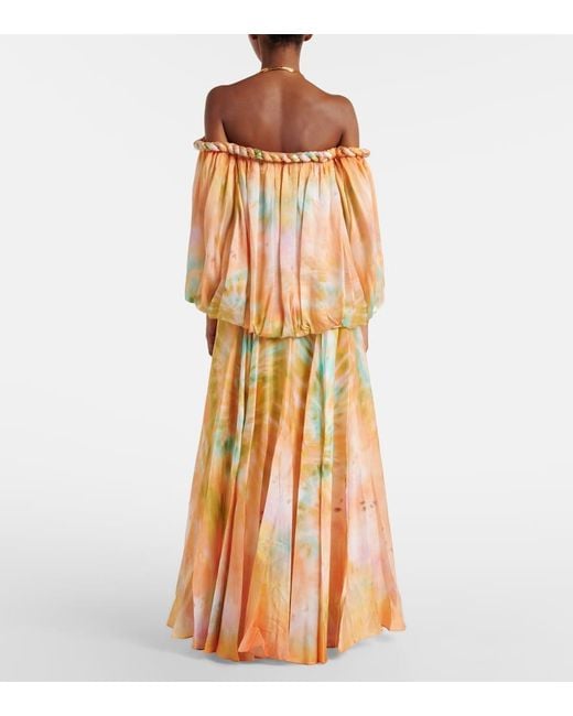 Zimmermann Metallic Luna Off-Shoulder Printed Silk Chiffon Gown