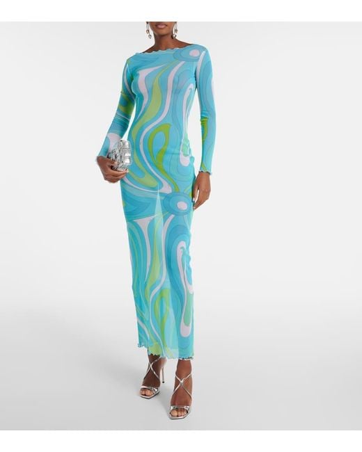 PUCCI Marmo Mesh Maxi Dress in Blue | Lyst