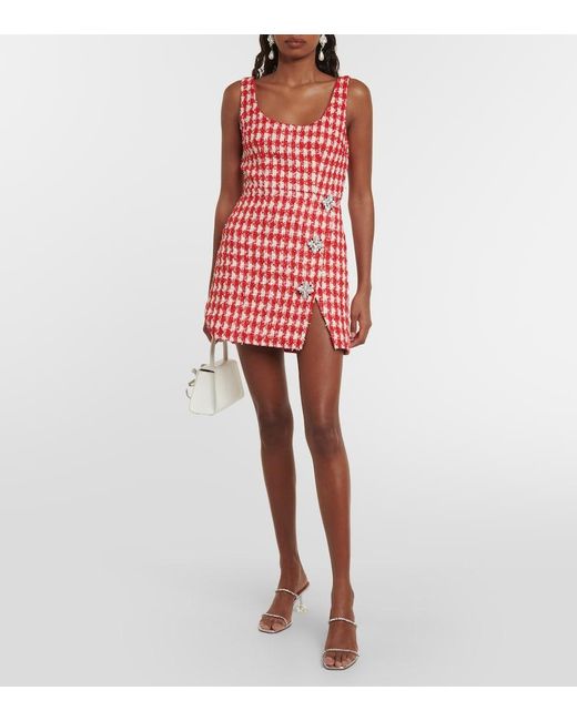 Self-Portrait Red Crystal-embellished Metallic-bouclé Woven Mini Dress