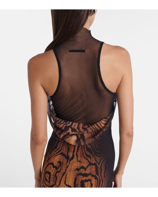 Jean Paul Gaultier Purple Bedrucktes Maxikleid Wood Aus Mesh