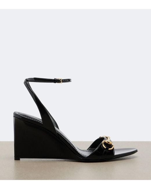 Gucci Black Donna Patent Leather Wedge Sandals