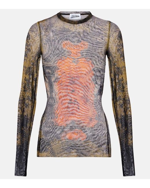 Jean Paul Gaultier Gray Bedrucktes Top Medaillon Aus Mesh