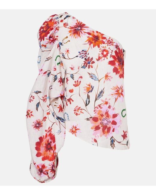Dorothee Schumacher Red Floral Ease One-Shoulder Linen Top